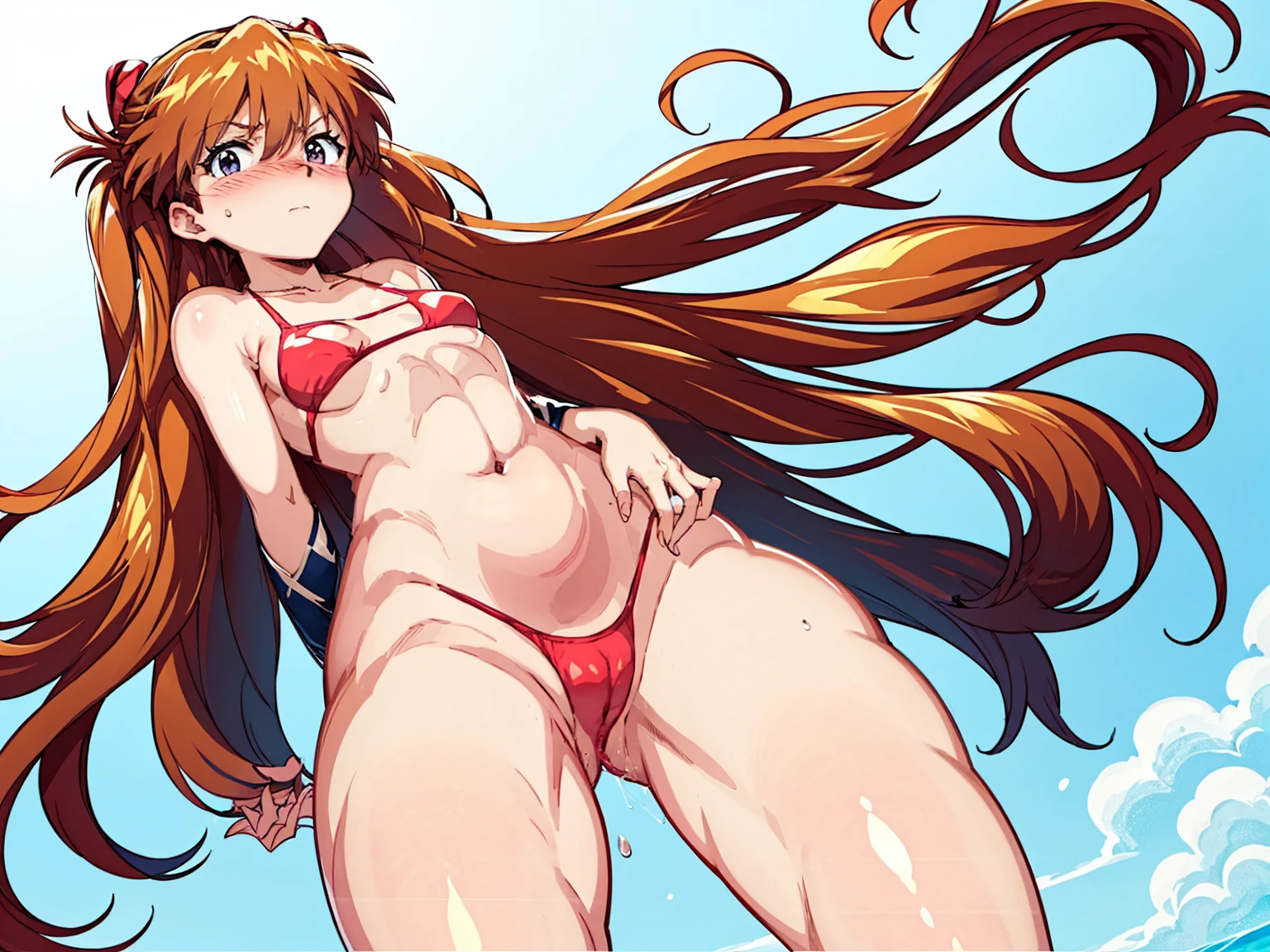 a very beautiful animated cartoon of an anime girl in underwear and swimsuit, 1girl, solo, swimsuit, bikini, from below, multicolored hair, blush, long hair, pussy juice, navel, white background, small breasts, looking at viewer, breasts, simple background, cameltoe, hairband