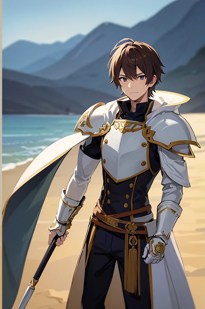 Highest quality, masterpiece, High resolution, alone, (Fire emblem),(FE Heroes_Reef),Evening sky_background,Middle Age_male,(smug face),(Brown_Hair Color),Short Hair, 4K, masterpiece,, alone, 1,whole body,looking at the camera, Fumaru,white_armor,(white_coat),Big Spear,Sharp Eyes,(Full Finger), (The finer details), (Anatomically correct), (映画のbackground), Hyper Detail, (Subtle details), (Intricate details)