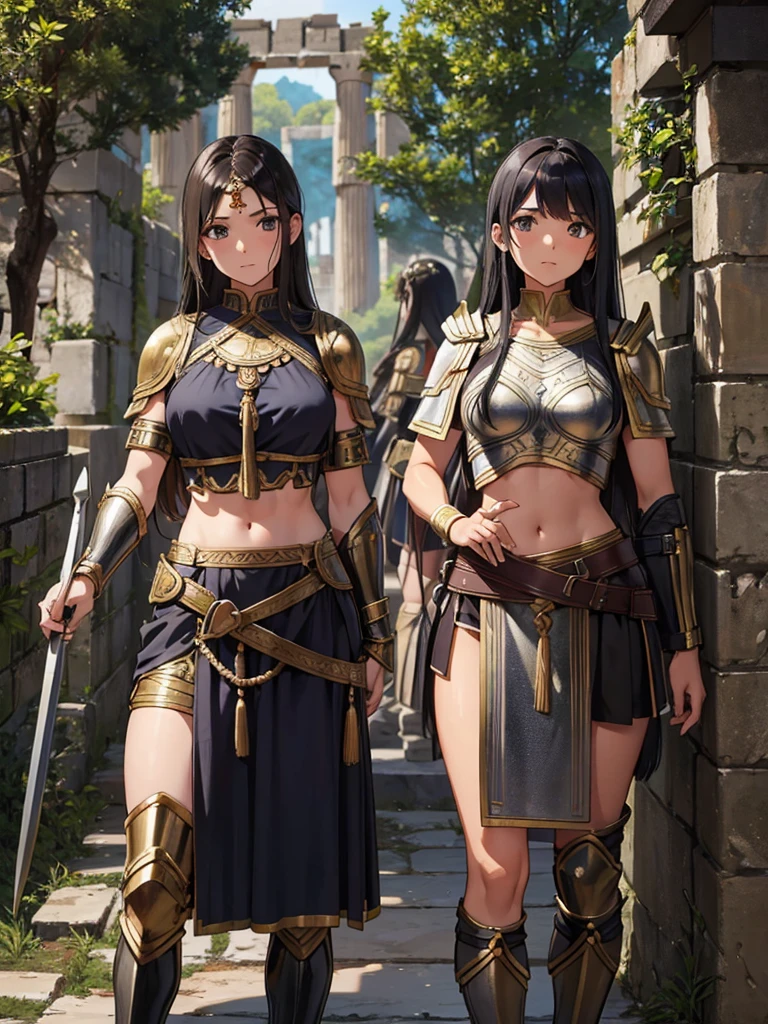 a beautiful Greek warriors girls standing guard at a door, Greek warrior, girls ,tanned skin, tail cover ,brown skin, ancient Greece, classical Greece, black armor ,slim body, defined abdomen , warrior woman, l ight armor, black hair,