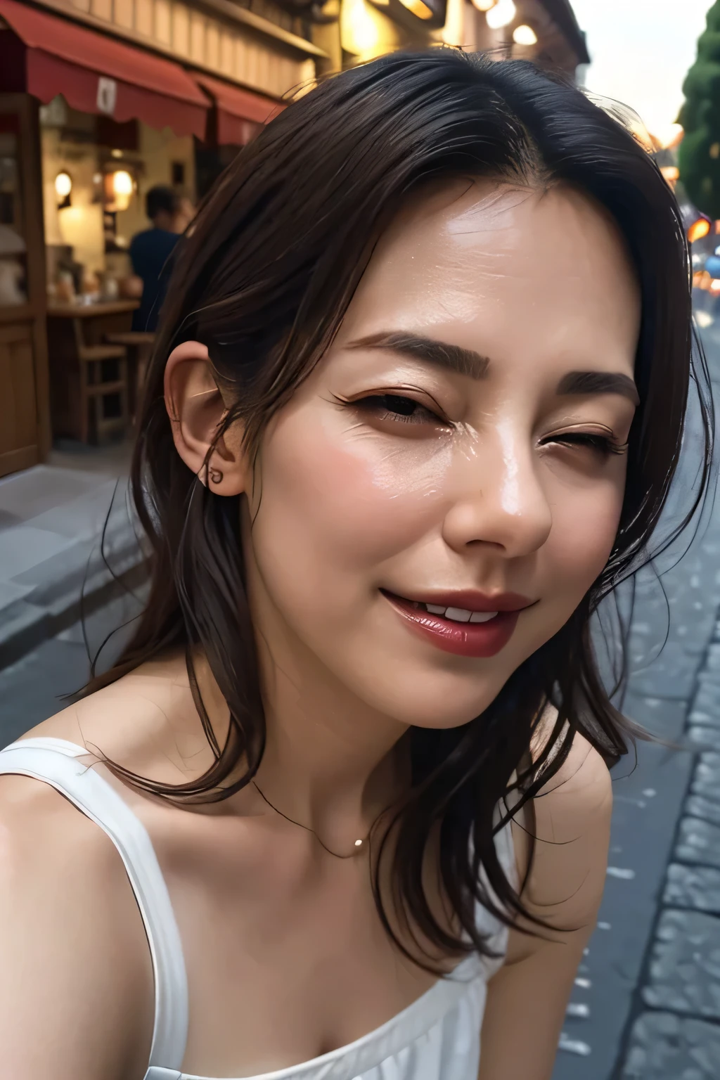 Tabletop,,Award-winning photo, Very detailed, Sharp focus on the eyes, Nose and mouth,Face Focus, Woman with open mouth and closed eyes, Red camisole、Age 35,Black-haired、Symmetrical face,Realistic nostrils、Angle from below、Elongated C-shaped nostrils,,,,,,,,,,,,,,,,,,,Browsing Caution,Italy、restaurant,Outdoor table,Sweaty skin、Lighting that accentuates skin that shines with sweat、((Nose hook))Skin shiny with sweat、Glowing Skin、Sweaty hair,Beautiful Japan actress,smile,((winking expression))