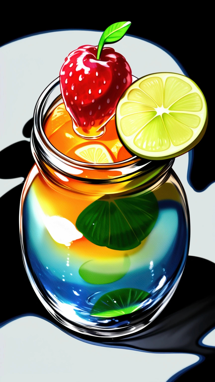 ((masterpiece)), ((best quality:1.2)), ((watercolor)), ((soft color))), ((minimalist)), ((negative space)), ((solid white background)), many type of healthy drinks, orange juice, avocado juice, strawberry juice, grape juice, 5 jar of infused water containing fruit with different type and color, ((no Clipping)), no shadow clipping, no object clipping, surrounded with (((solid white background))), very subtle shadow, soft bright white lighting, soft shadow, realistic, center composition