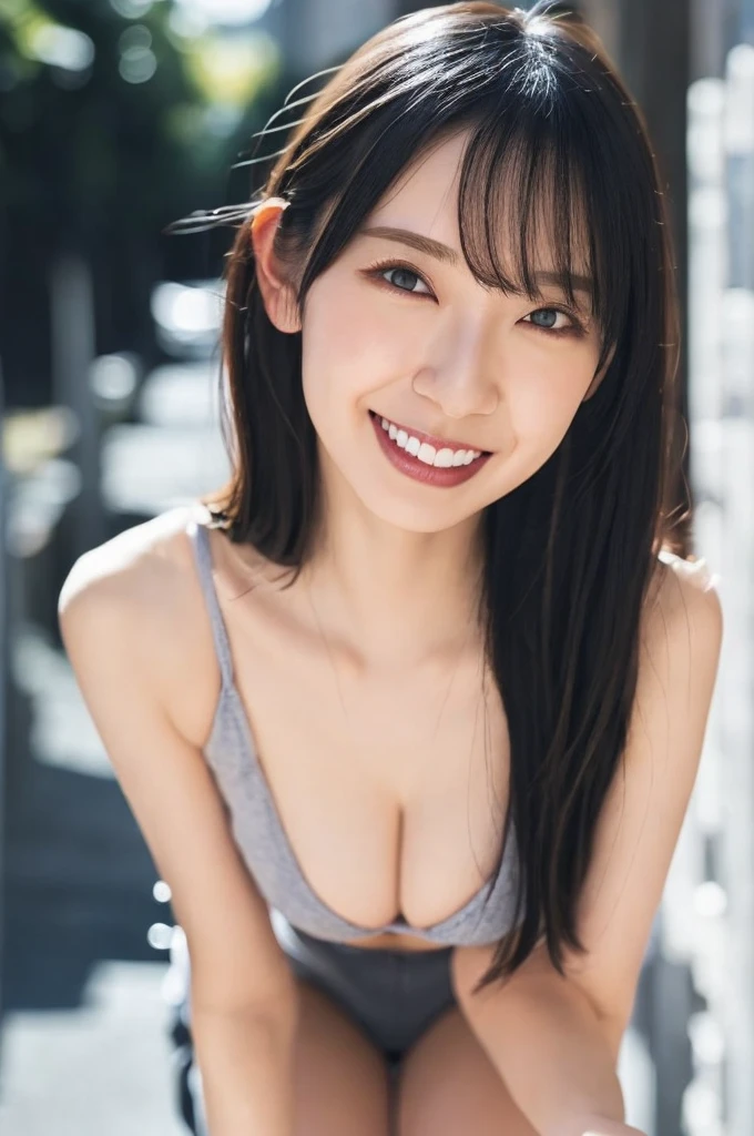 a woman,1 girl,black hair, hair bobbles, longeyelashes, solid circle eyes, light smile, mole under eye, piercing, light smile, shy, puckered lips, Surrealism, drop shadow, stereogram, ass pov, atmospheric perspective, depth of field, first-person view, f/1.8, 8K, super detail, ccurate, best quality, highres, best quality,full body,professional lighting,Cleavage