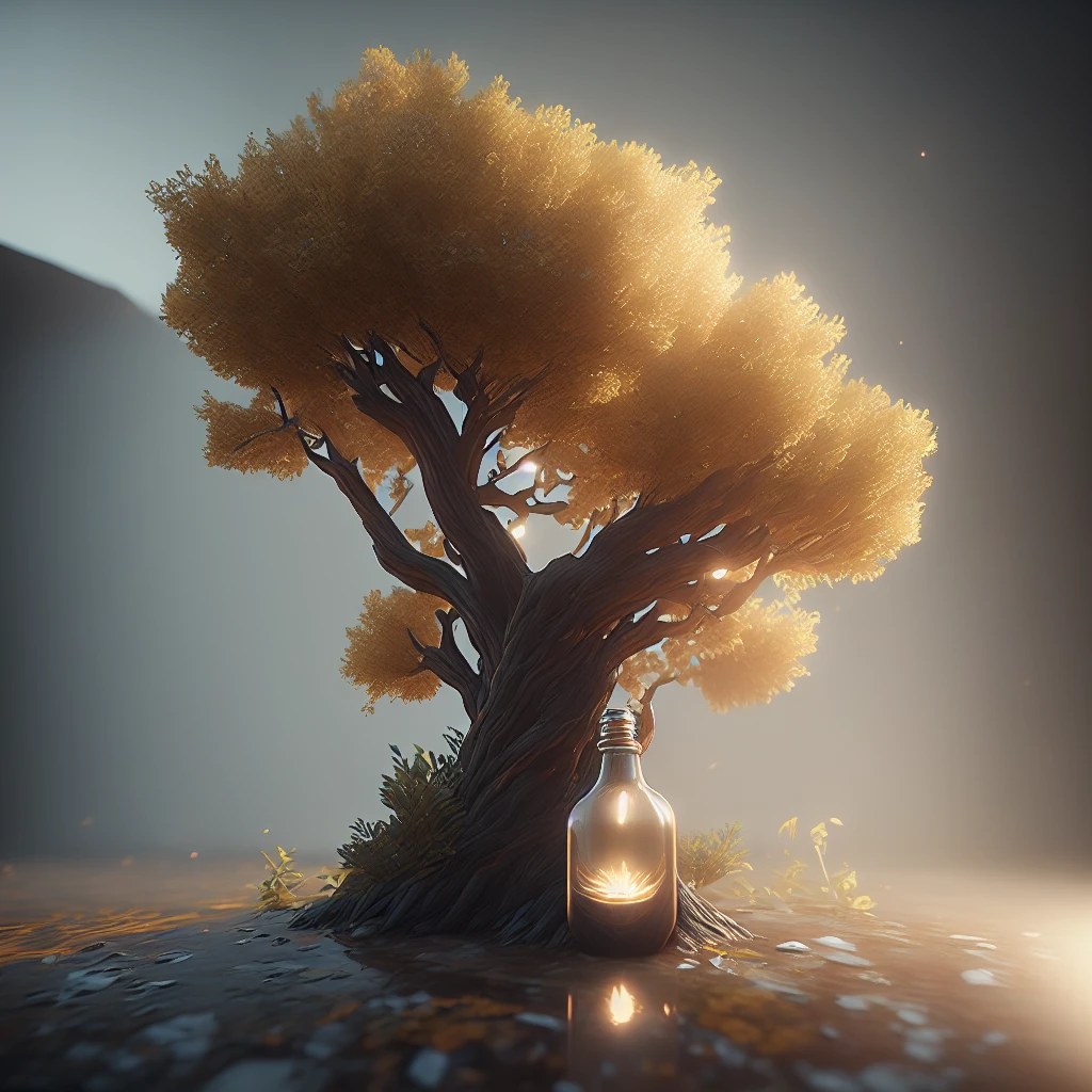dream-likeart tree in a bottle, fluffy, Realistic, photograph, Canon, dream-like, art, Colorful leaves and branches with flowers on top. hyperdetailed photographrealism by greg rutkowski - h 1024 w 804 | f16 lens mark 2:2 seconds 3555mm film grain :1 Realistic high resolution sharp focus contrast!! intricate detailed atmospheric light refraction lighting unreal engine 5 cinematic concept photographgraphy masterpiece octane render trending at cgsociety rendered as