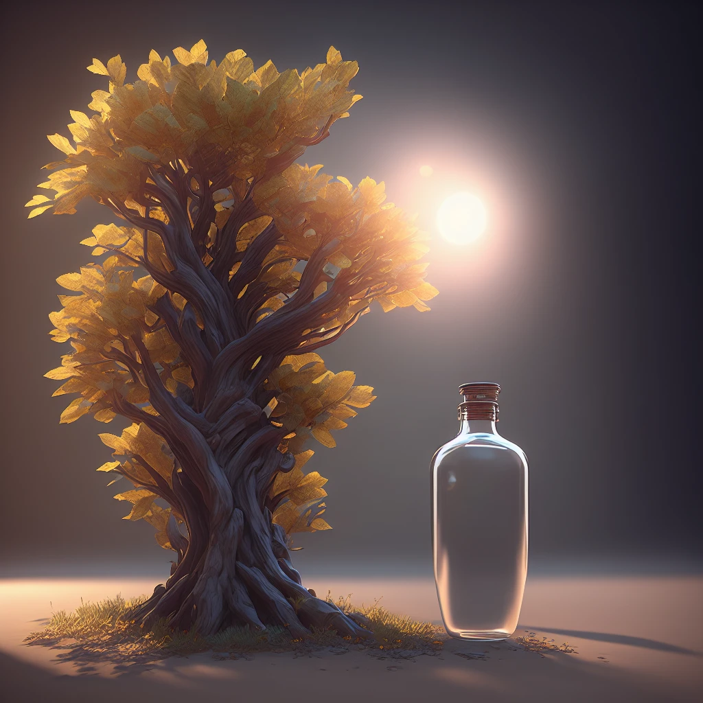 dream-likeart tree in a bottle, fluffy, Realistic, photograph, Canon, dream-like, art, Colorful leaves and branches with flowers on top. hyperdetailed photographrealism by greg rutkowski - h 1024 w 804 | f16 lens mark 2:2 seconds 3555mm film grain :1 Realistic high resolution sharp focus contrast!! intricate detailed atmospheric light refraction lighting unreal engine 5 cinematic concept photographgraphy masterpiece octane render trending at cgsociety rendered as
