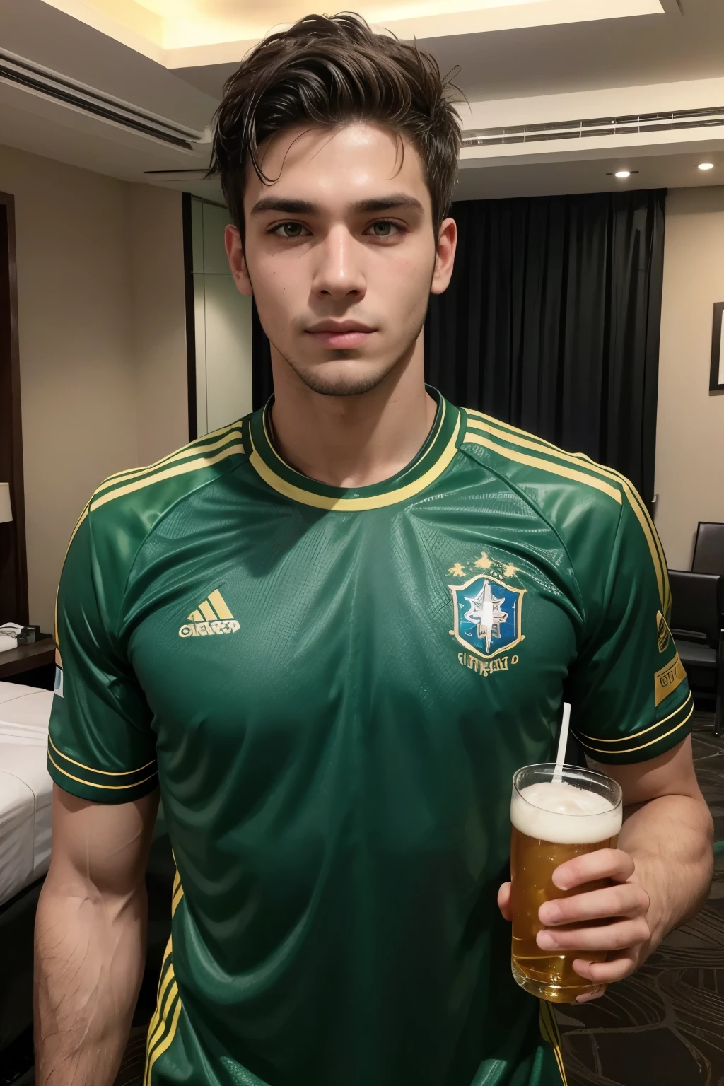 Brazilian man football player, green eyes, soldier hair style, refreshing appearance, tall, well dressed, realistic skin, realistic image, hotel room background, holding a beer, confident appearance, looking at drink