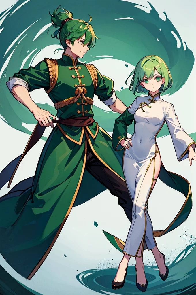 Green Hair、Her hair is short、Small breasts、standing、full body、Fighter、male、Uniform、Chinese Knight、Chinese style、White background、No exposure、China dress、pants、band、front、White is the main color of the outfit、Kung Fu