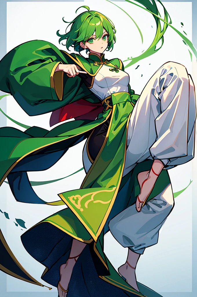 Green Hair、Her hair is short、Small breasts、standing、full body、Fighter、male、Uniform、Chinese Knight、Chinese style、White background、No exposure、China dress、pants、band、front、White is the main color of the outfit、Kung Fu