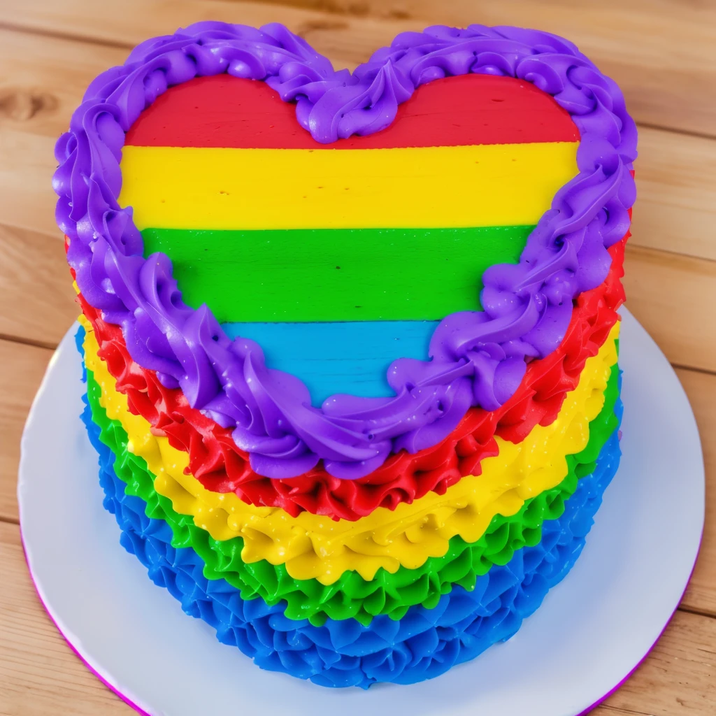 on a wooden table, there is a white plate with a heart cake , rainbow cream heart cake ( star shaped) , крем сделан star shaped,  multi-colored heart on top, decorated with purple cream, cream with highlights, view from above,  Beautiful light from the window, beautiful lighting, bright announcement, Multiple light sources, Realistic style, realistic textures, high quality, high detail, detailed textures, ultra 4k hd, macro photography