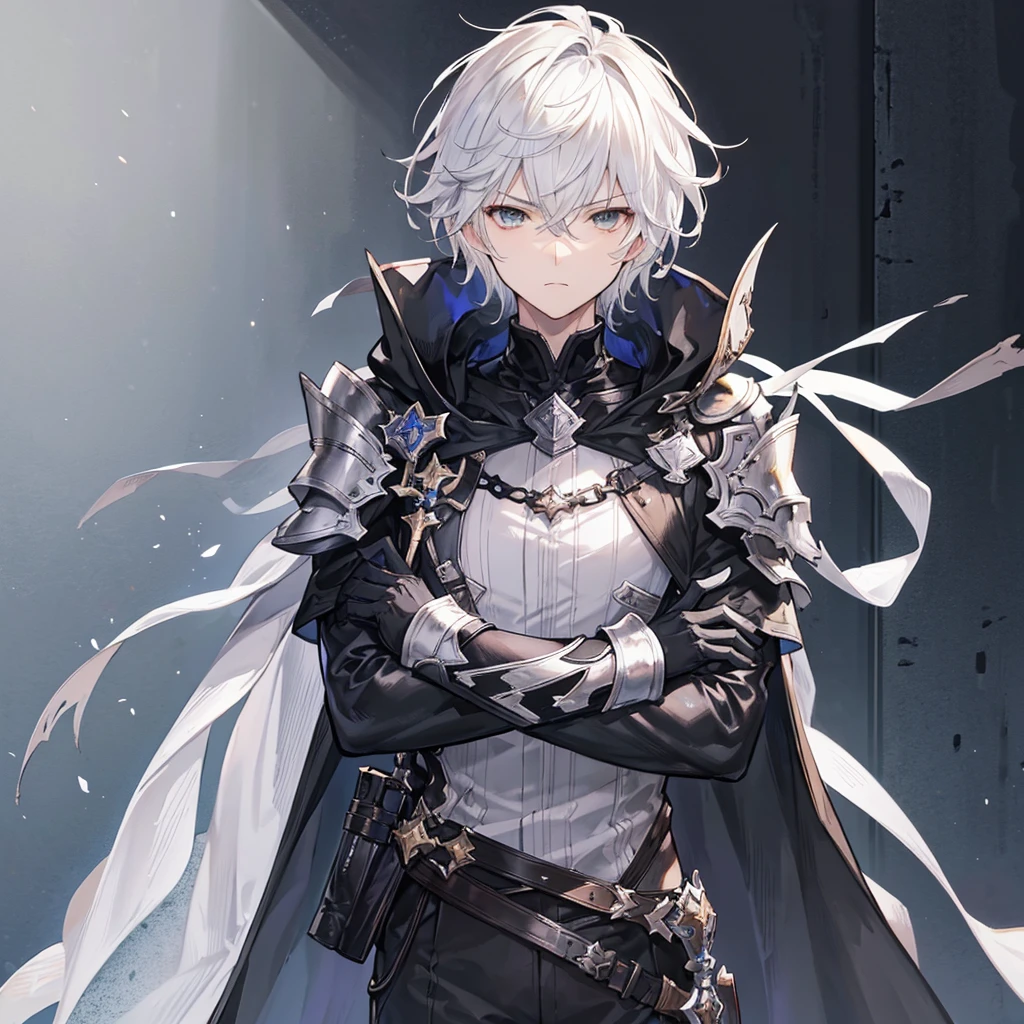 Handsome male, , teenager, shwhite hair, dark eyes, black eyes, lucilius from granblue fantasy, close up, calm expression, stoic, grey military clothes, black cape, black gloves, crossed arms, upper body, looking at viewer, cowboy shot, black hallway background