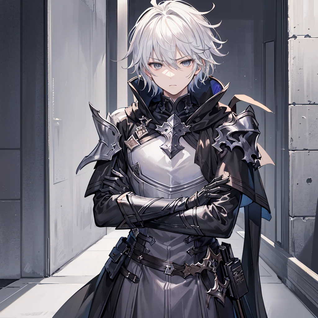 Handsome male, 17 years old, teenager, short white hair, dark eyes, black eyes, lucilius from granblue fantasy, close up, calm expression, stoic, grey military clothes, black cape, black gloves, crossed arms, upper body, looking at viewer, cowboy shot, black hallway background