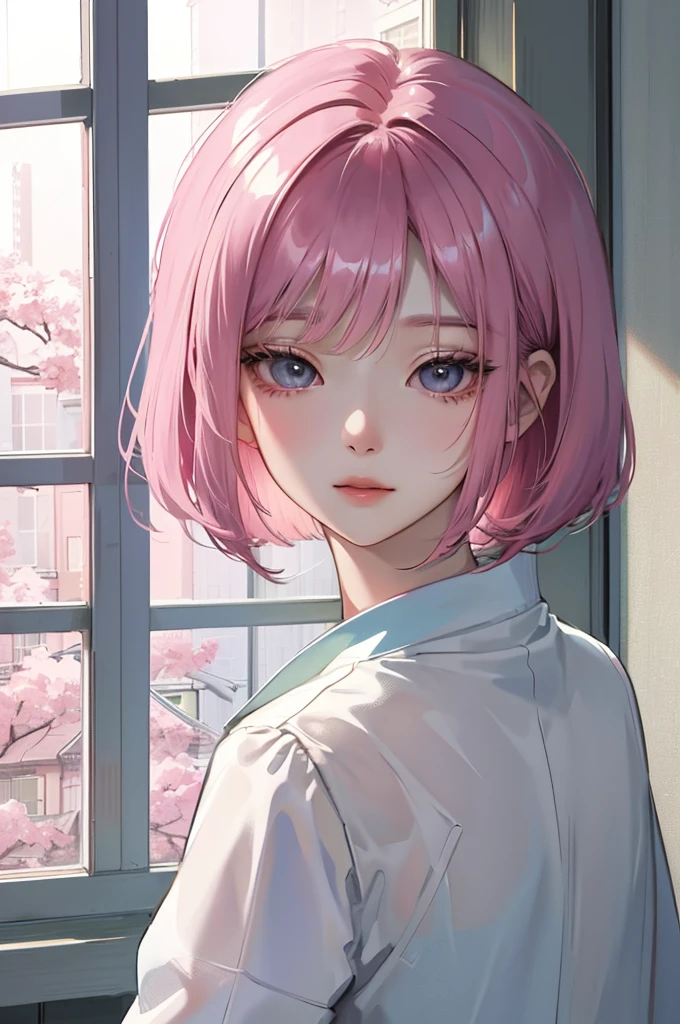 Absurd, masterpiece, Highest quality, Bright colors, Beautiful Korean women in webtoons, ((Looking outside by the window on a rainy day)) , Pale pink short bob hair , Characters in Korean dramas, Anime Eyes, Semi-casual attire, masterpieceの背景, Detailed Background, (soft smile:1.2)