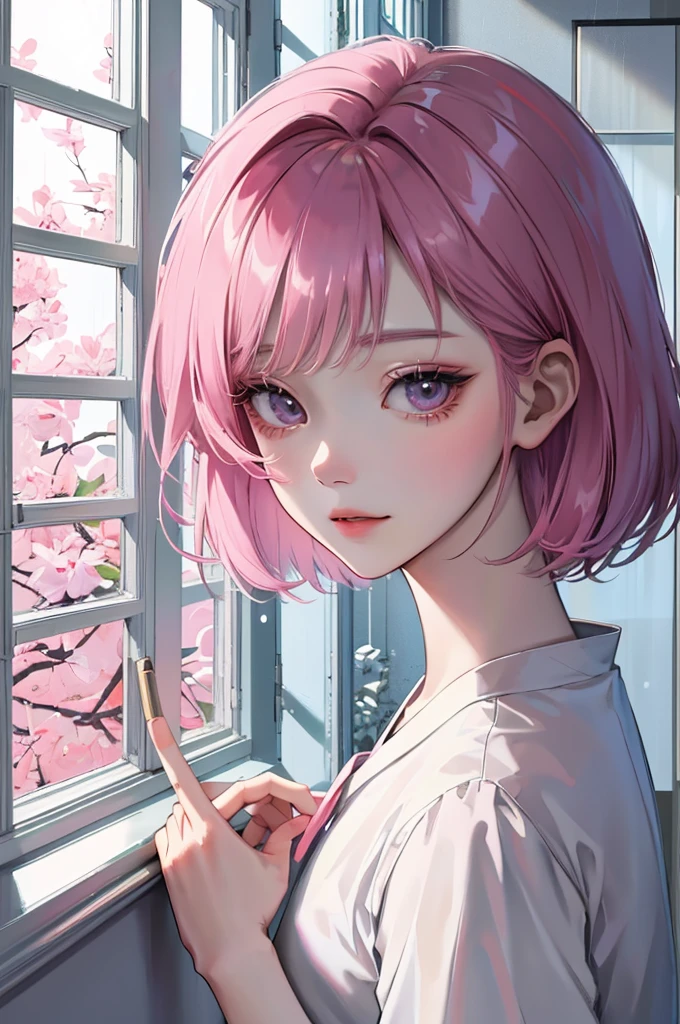 Absurd, masterpiece, Highest quality, Bright colors, Beautiful Korean women in webtoons, ((Looking outside by the window on a rainy day)) , Pale pink short bob hair , Characters in Korean dramas, Anime Eyes, Semi-casual attire, masterpieceの背景, Detailed Background, (soft smile:1.2)