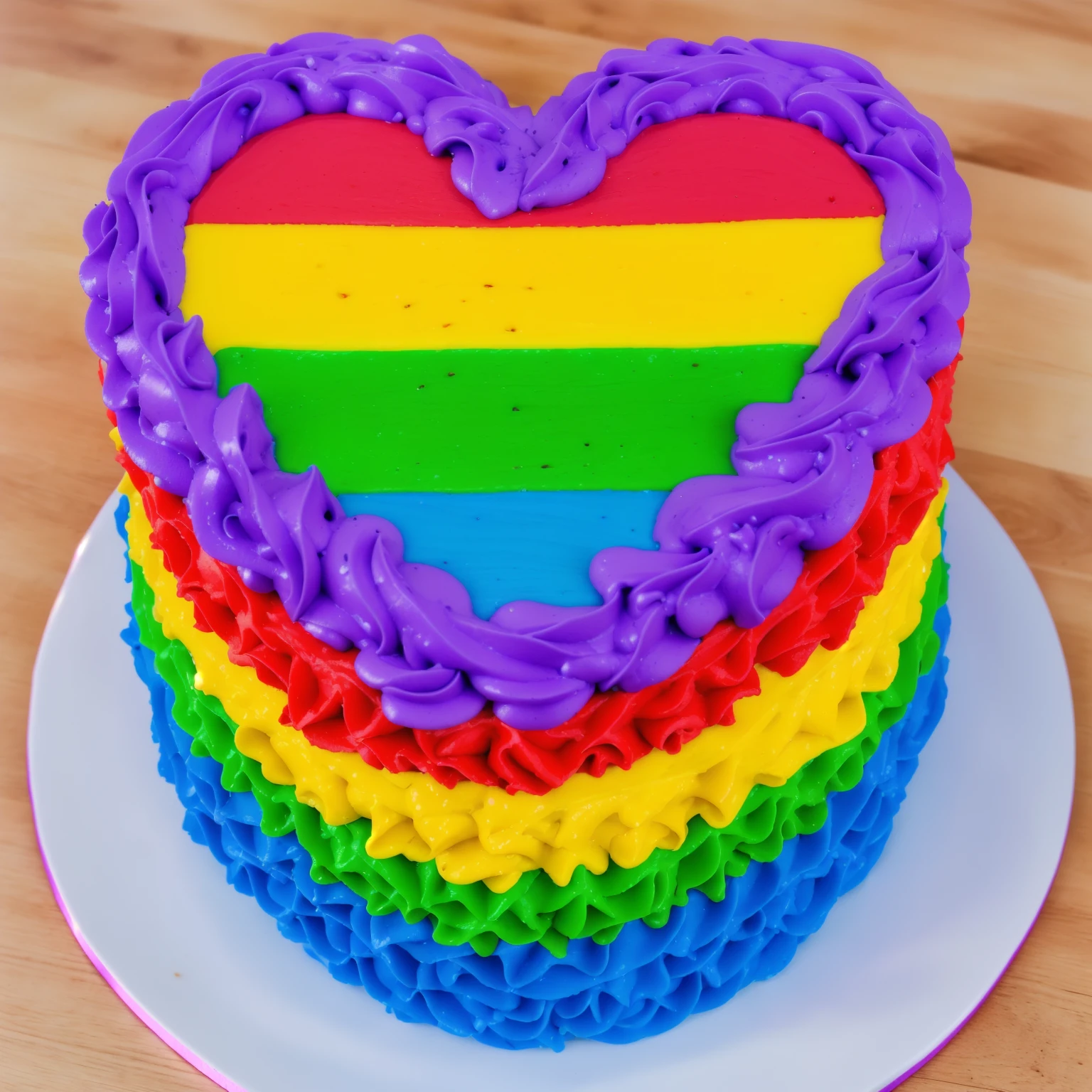 on a wooden table, there is a white plate with a heart cake , rainbow cream heart cake ( star shaped) , крем сделан star shaped, multi-colored heart on top, decorated with purple cream, cream with highlights, view from above, Beautiful light from the window, beautiful lighting, bright announcement, Multiple light sources, Realistic style, realistic textures, high quality, high detail, detailed textures, ultra 4k hd, macro photography