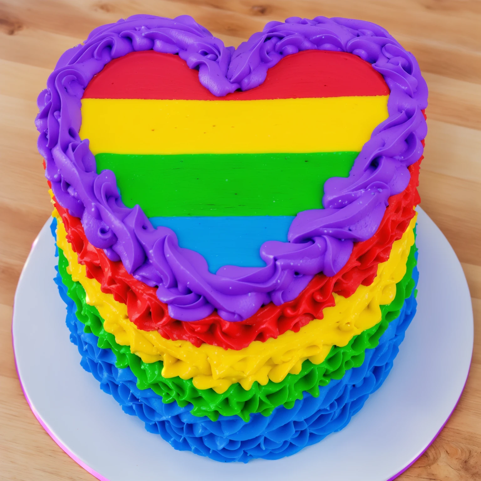 on a wooden table, there is a white plate with a heart cake , rainbow cream heart cake ( star shaped) , крем сделан star shaped, multi-colored heart on top, decorated with purple cream, cream with highlights, view from above, Beautiful light from the window, beautiful lighting, bright announcement, Multiple light sources, Realistic style, realistic textures, high quality, high detail, detailed textures, ultra 4k hd, macro photography