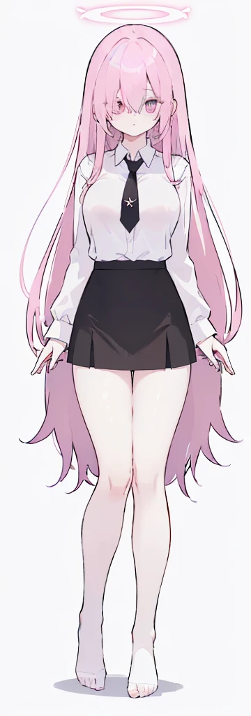 (((Long Pink hair))),Pink hair,kawai,(((Eyes visible from bangs,hair over eyes:1.3))),,Huge breasts,(purple color eyes),,(purple slanted eyes),1girl in,bangs,long White hair, pantyhose,Cowboy Shot,white background,Straight hair hair,(On both sides of the head has sharp black devil horns) ((head bowed pose)) Ter's hair flows straight down, has two sharp black horns (slant purple eyes) (((wearing a perfect white shirt))) white shirt sleeves should be folded to the elbows ((Don't wear any ties (wear a black skirt,) (showing her bare thighs) Long black skirt split at the thighs, perfect white shirt, no accessories like a tie (sexy body) Bare thighs without wearing any socks, The character's body is visible from head to ankle, ((Tall slim perfect body)) (tight black skirt) full body full body full body full body (Full body image) legs wearing a short white loose t-shirt, Perfect long toe legs kawai