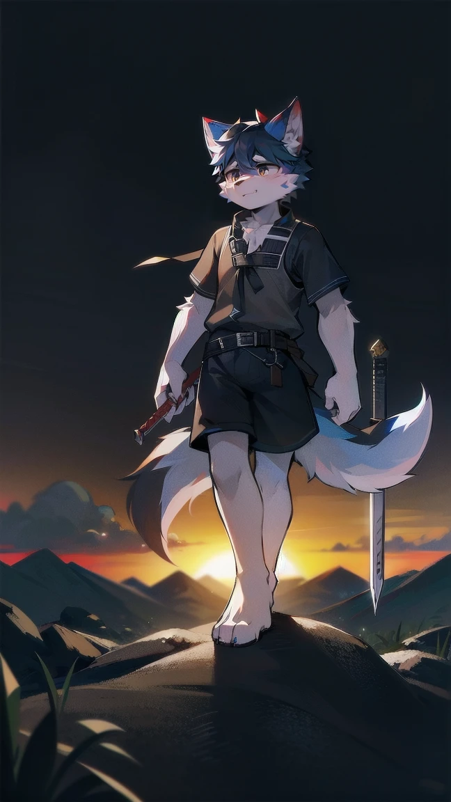 White Wolf,black hair,Sky blue eyes,hairy,Wolf ears,Wolf tail,Full body portrait,The character is in the center of the frame,Handsome,Confident eye***but,juvenile,Black and white combat uniform,Red neck bib,Black shorts,Short sleeve,hairy arms and legs,Dark background,Dark battlefield,dawn,sunrise,dawn,illumination,shadow,Swordsman,Scabbard and Hold the hilt of a in your hand,The scabbard is at the waist,Highest quality,A tall stature