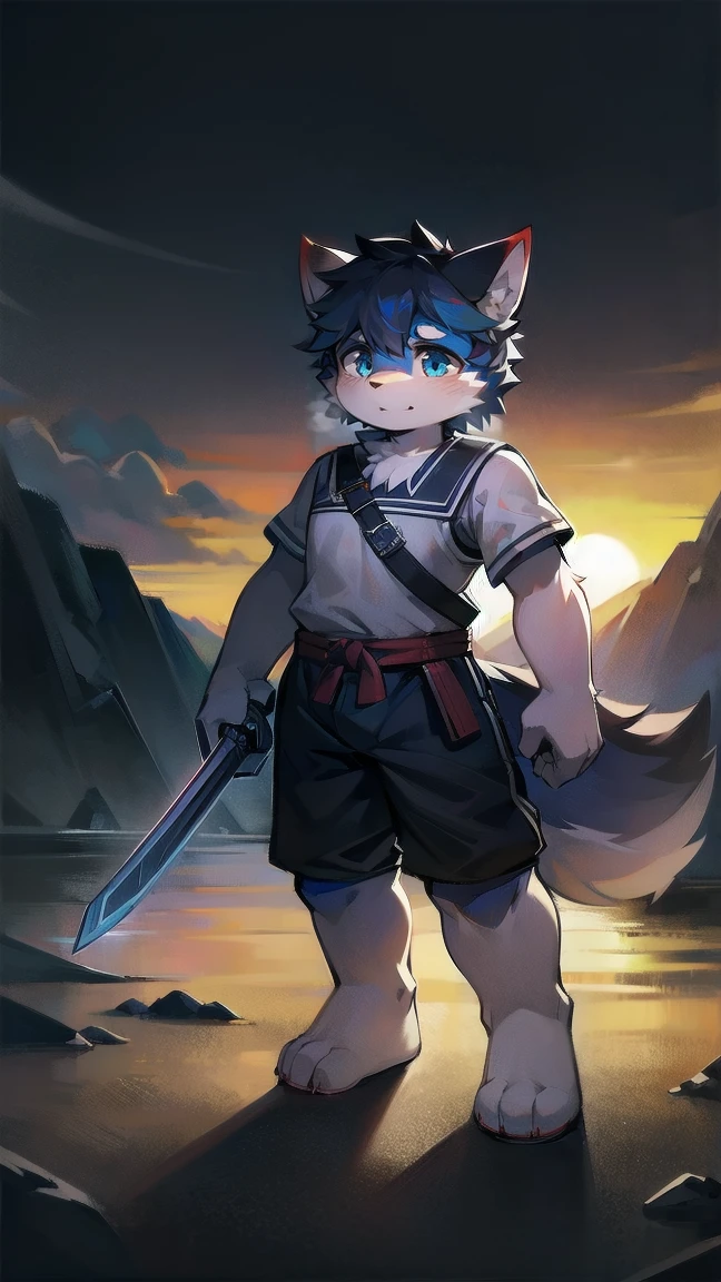 White Wolf,black hair,Sky blue eyes,hairy,Wolf ears,Wolf tail,Full body portrait,The character is in the center of the frame,Handsome,Confident eye***but,juvenile,Black and white combat uniform,Red neck bib,Black shorts,Short sleeve,hairy arms and legs,Dark background,Dark battlefield,dawn,sunrise,dawn,illumination,shadow,Swordsman,Scabbard and Hold the hilt of a in your hand,The scabbard is at the waist,Highest quality,A tall stature