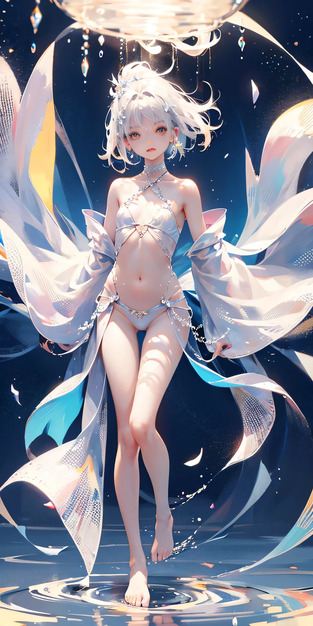 A girl、symmetry,Daughter,whole body female love,Put your hands together and bloom,(Very detailed:1.1),((small :1.2))、The eyes are well drawn、Charming eyes、Double tail、Wear jewelry and pearls around your neck,Transparent openwork、Deep V、Crystal Pearls、在Wear jewelry and pearls around your neck,white hair, show your thighs, Bare shoulders, Show clavicle, Yao Liu, barefoot,((whole body))、painful posture