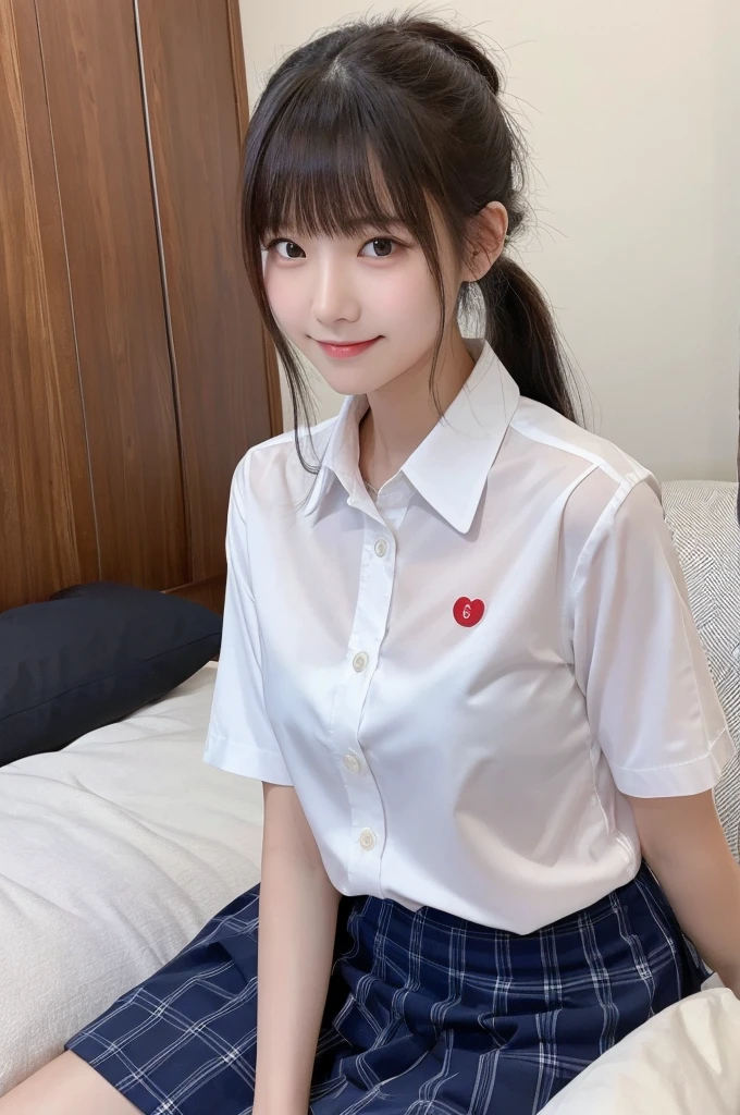 1 Girl, alone, Japanese girl, 14 years old,Bed at home、(Highest quality, Realistic, High resolution, 8K, Very detailed, Detailed face, Shiny skin), Japanese , Collared shirt, White shirt, Red ribbon, Black Hair, ragged bangs, ponytail,Gazing into the distance,Young face、Are thin、Slim figure、slender、Short、 System、((Lots of sweat))、Navy blue checked skirt、Nice thighs、Are sleeping、Shooting from the side、The best smile、