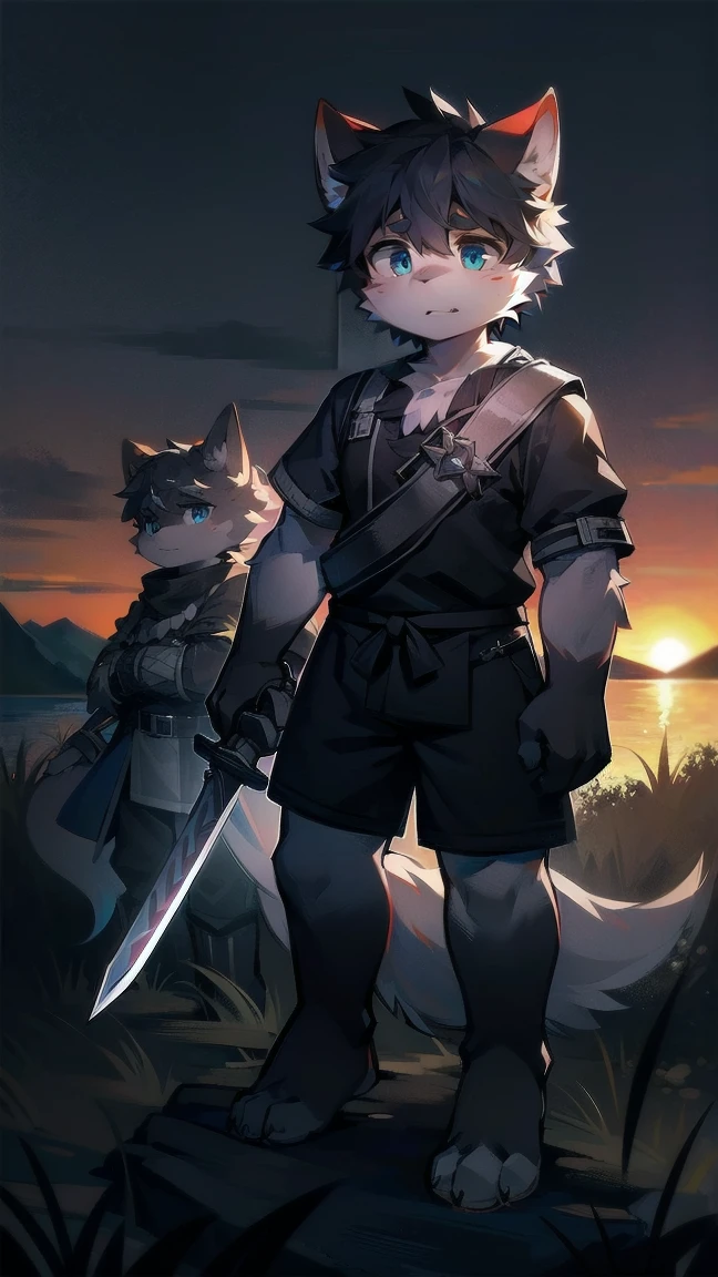 White Wolf，black hair，Sky blue eyes，hairy，Wolf ears，Wolf tail，Full body portrait，The character is in the center of the frame，Handsome，Confident eye***but，juvenile，Black and white combat uniform，Red neck bib，Black shorts，Short sleeve，hairy arms and legs，Dark background，Dark battlefield，dawn，sunrise，dawn，illumination，shadow，Swordsman，Scabbard and Hold the hilt of a in your hand，The scabbard is at the waist，Highest quality,A tall stature