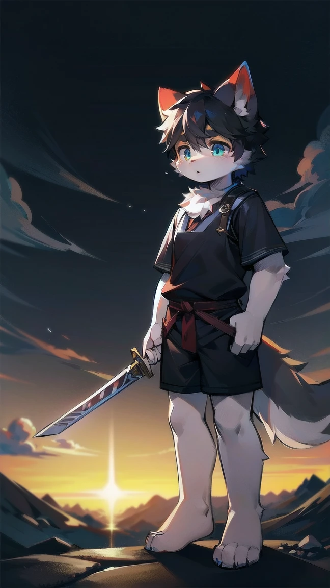 White Wolf,black hair,Sky blue eyes,hairy,Wolf ears,Wolf tail,Full body portrait,The character is in the center of the frame,Handsome,Confident eye***but,juvenile,Black and white combat uniform,Red neck bib,Black shorts,Short sleeve,hairy arms and legs,Dark background,Dark battlefield,dawn,sunrise,dawn,illumination,shadow,Swordsman,Scabbard and Hold the hilt of a in your hand,The scabbard is at the waist,Highest quality,A tall stature