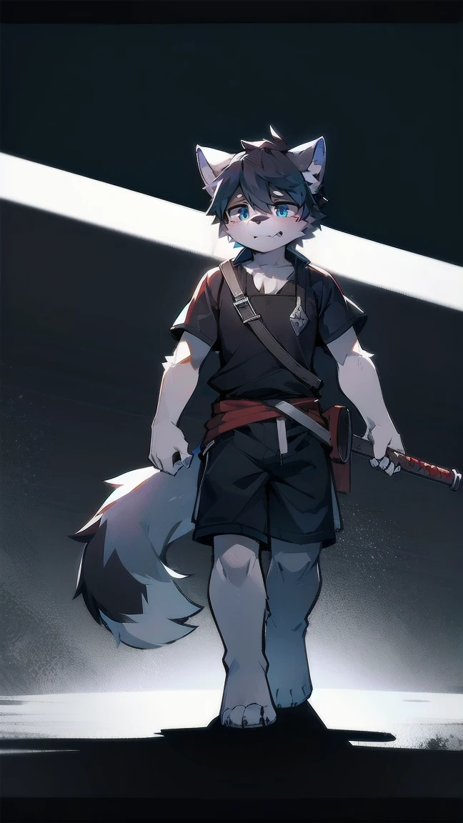 White Wolf,black hair,Sky blue eyes,hairy,Wolf ears,Wolf tail,Full body portrait,The character is in the center of the frame,Handsome,Confident eye***but,juvenile,Black and white combat uniform,Red neck bib,Black shorts,Short sleeve,hairy arms and legs,Dark background,Dark battlefield,dawn,sunrise,dawn,illumination,shadow,Swordsman,Scabbard and Hold the hilt of a in your hand,The scabbard is at the waist,Highest quality,A tall stature