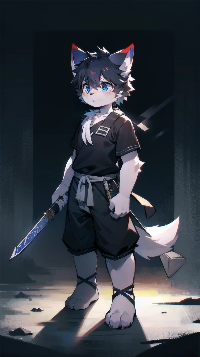 White Wolf，black hair，Sky blue eyes，hairy，Wolf ears，Wolf tail，Full body portrait，The character is in the center of the frame，Handsome，Confident eye***but，juvenile，Black and white combat uniform，Red neck bib，Black shorts，Short sleeve，hairy arms and legs，Dark background，Dark battlefield，dawn，sunrise，dawn，illumination，shadow，Swordsman，Scabbard and Hold the hilt of a in your hand，The scabbard is at the waist，Highest quality,A tall stature