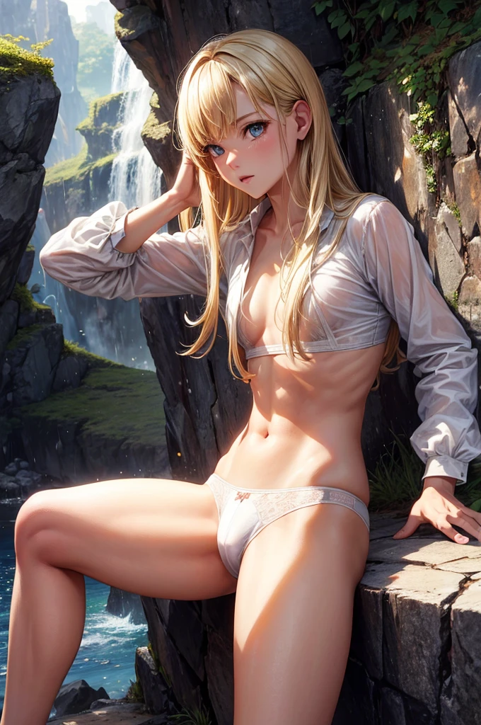 Best image quality, cliff, Adventurer, ""White underwear"", stand, Spread your legs, Rainfall, Blonde, ""woman"",