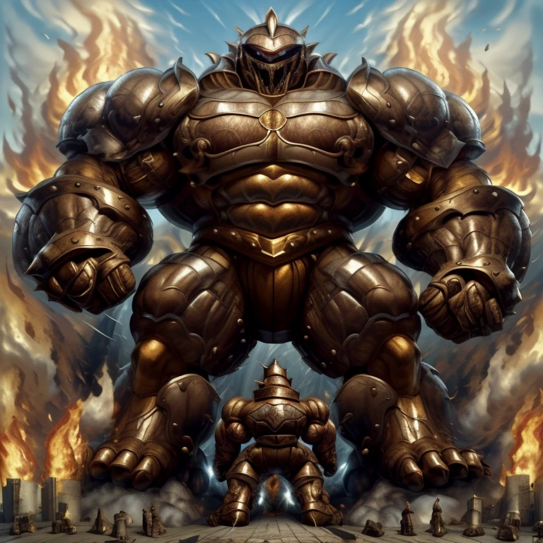 SOLO (masterpiece. official art. 8k. best quality. detailed full body. full body.)
(situation 1 : dominating Armored Flazzard. Armored Flazzard is over 1000 meters long. focus GIANT mechanical Muscular Armored Flazzard is trampling the city. Looking down. macro. stomp. Low-angle perspective. emphasizing the immense size.)
(situation 2 :smoke and flames rising from the destruction in the city)
(Additional details 1: real texture material. whole body shines like metal. emphasizes the muscles. suit fully made of metal.).
(Additional details 2: Detailed head. Detailed Body. Detailed abs. gigantic muscles. HYPER MUSCLES. Gigachad Muscular. big muscle. pecs. triceps. traps. unusually developed muscular body. body full of huge muscles. showing off muscles. pectorales enormes. Exaggeratedly huge muscles. huge muscles. long legs.).
(Additional details 3: Spread wings. It has wings. have big wings. The claws are sharp. Sharp teeth.).