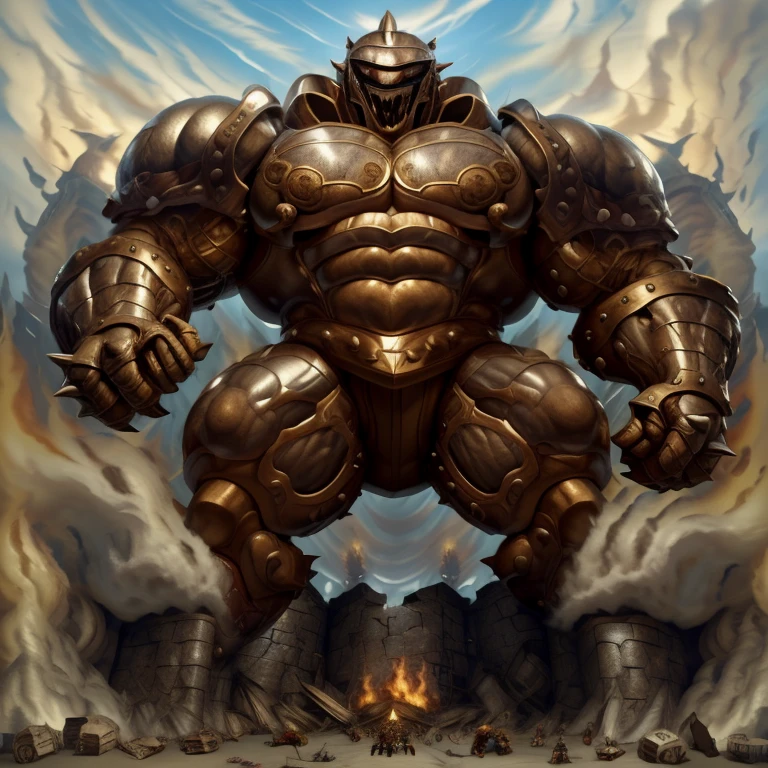 SOLO (masterpiece. official art. 8k. best quality. detailed full body. full body.)
(situation 1 : dominating Armored Flazzard. Armored Flazzard is over 1000 meters long. focus GIANT mechanical Muscular Armored Flazzard is trampling the city. Looking down. macro. stomp. Low-angle perspective. emphasizing the immense size.)
(situation 2 :smoke and flames rising from the destruction in the city)
(Additional details 1: real texture material. whole body shines like metal. emphasizes the muscles. suit fully made of metal.).
(Additional details 2: Detailed head. Detailed Body. Detailed abs. gigantic muscles. HYPER MUSCLES. Gigachad Muscular. big muscle. pecs. triceps. traps. unusually developed muscular body. body full of huge muscles. showing off muscles. pectorales enormes. Exaggeratedly huge muscles. huge muscles. long legs.).
(Additional details 3: Spread wings. It has wings. have big wings. The claws are sharp. Sharp teeth.).