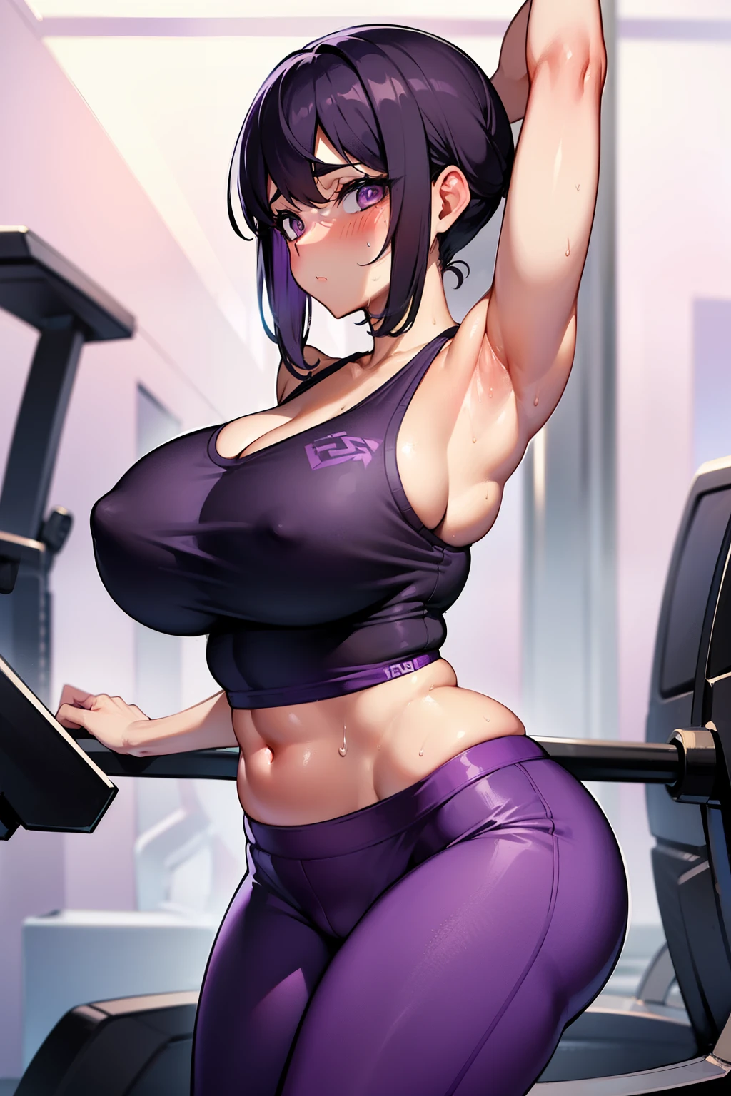 gym, workout, hot, hot, sweating, sweaty, tan, big , tan skin, flustered, blush, running in yogapants, running, hot pants, black hair,purple top, purple shirt, treadmill, running on treadmill, purple clothes clothes, see thru, purple pants, yoga pants,, on treadmill, (((inside gym))), curvy woman, huge , sexy, on treadmill, curvy woman, , solo woman, jogging, taking a jog, running, (((front view))) long pants, long yoga pants, purple shirt, purple top, purple pants, purple gym outfit, white gym, white background, gym, purple top, pink top, purple top