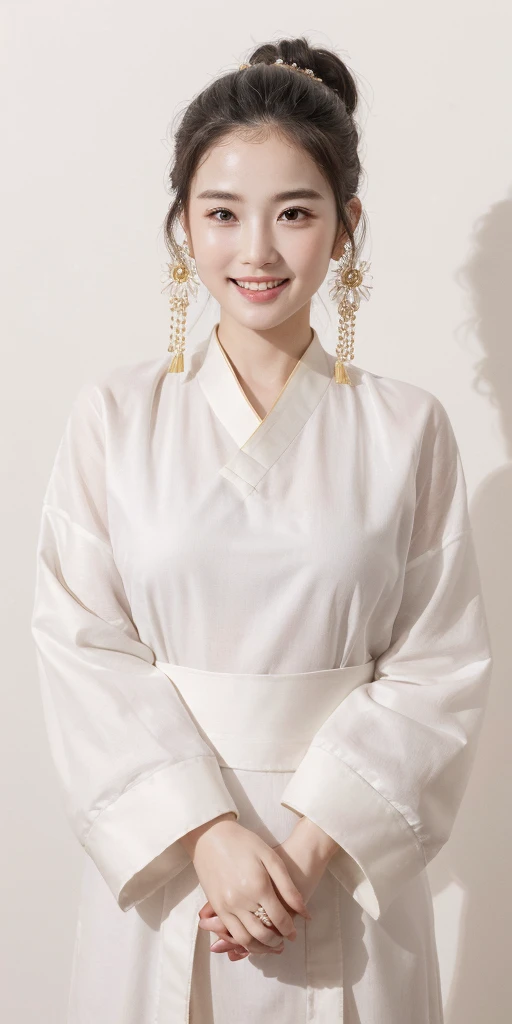 (High resolution photo, bust, 1 girl, 28 years old, woman, facial details, baby fat, waist accessories, holding hands, smile, showing less teeth, white skin, upper body, Chinese traditional clothes, model pose, studio lighting)