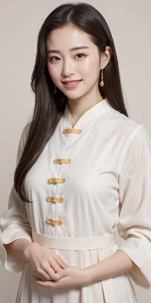 (High resolution photo, bust, 1 girl, 28 years old, woman, facial details, baby fat, waist accessories, holding hands, smile, showing less teeth, white skin, upper body, Chinese traditional clothes, model pose, studio lighting)