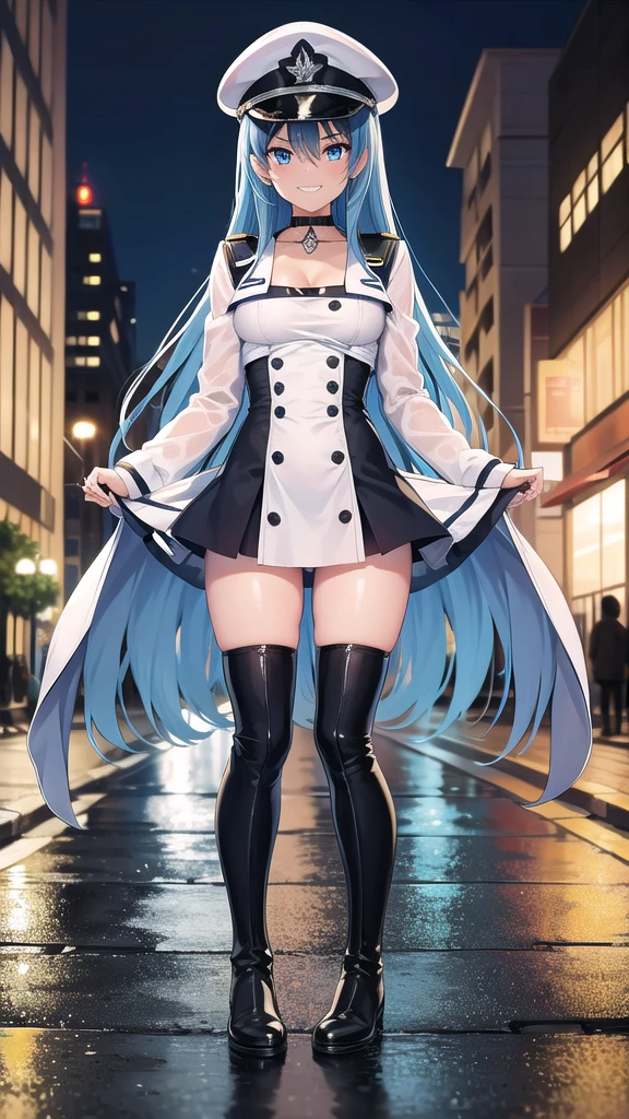 esdeath, esdeath, blue eyes, blue hair, long hair, (small breast:1.2), smile, grin,
BREAK boots, choker, cleavage, collarbone, hat, ice, military, military uniform, peaked cap, thigh boots, thighhighs, uniform,BREAK looking at viewer, full body,BREAK indoors,
BREAK (masterpiece:1.2), best quality, high resolution, unity 8k wallpaper, (illustration:0.8), (beautiful detailed eyes:1.6), extremely detailed face, perfect lighting, extremely detailed CG, (perfect hands, perfect anatomy),street, city, wet road, reflections,night,staying in middle of street.