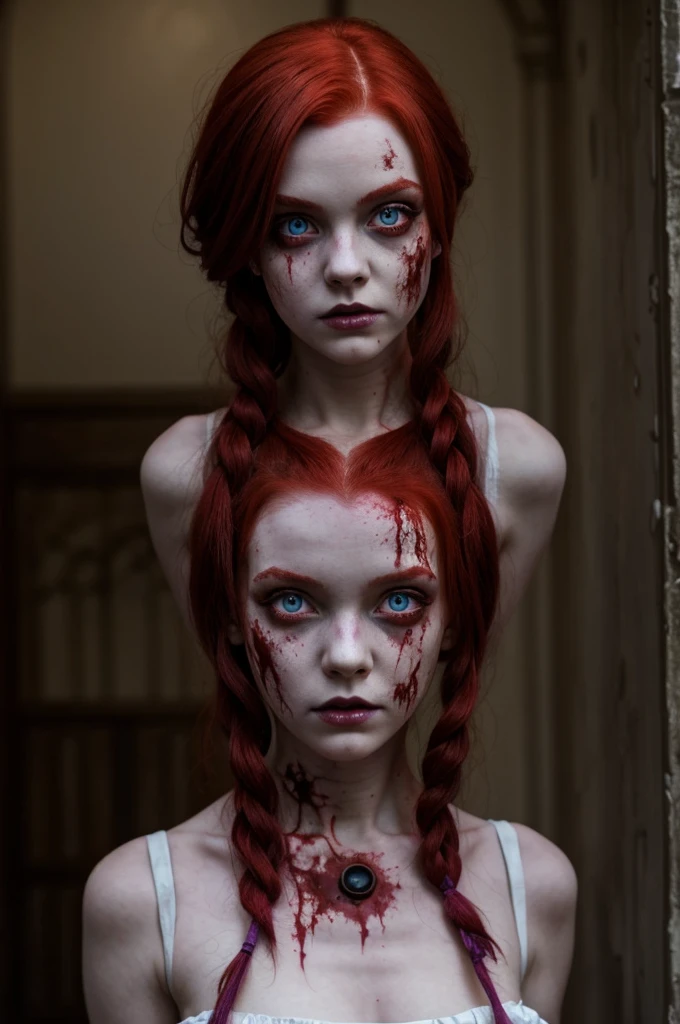 A zombie girl with red hair and violet eyes, She is wearing a dress and her skin is porcelain