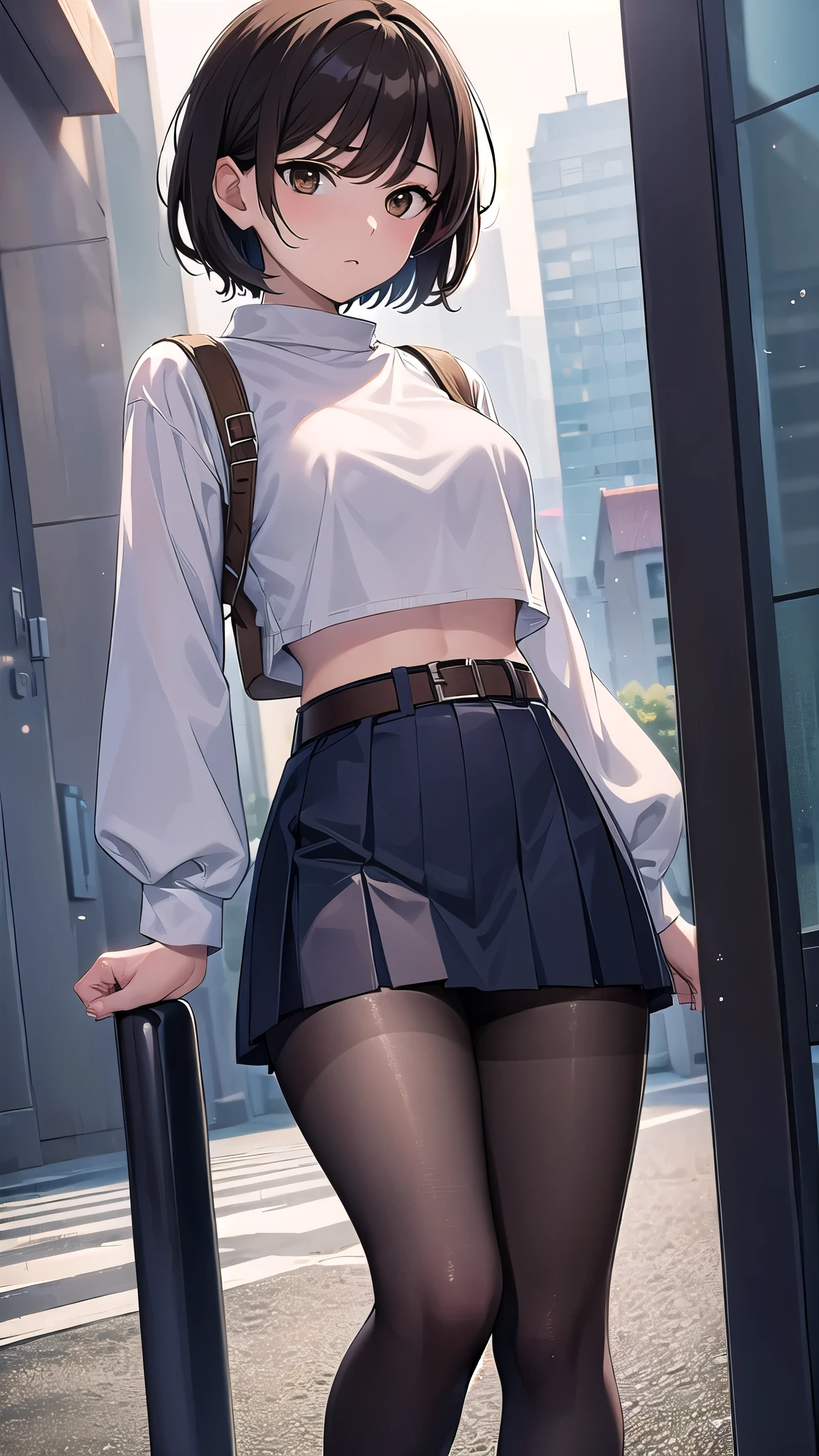 1 Girl, from the back, no face showing, elf ear, big red hair, black hair ends, bangs, lora:add_detail, short sweatshirt on belly, short skirt, thin waist, belly, big chest, thick legs, big thigh big ass standing