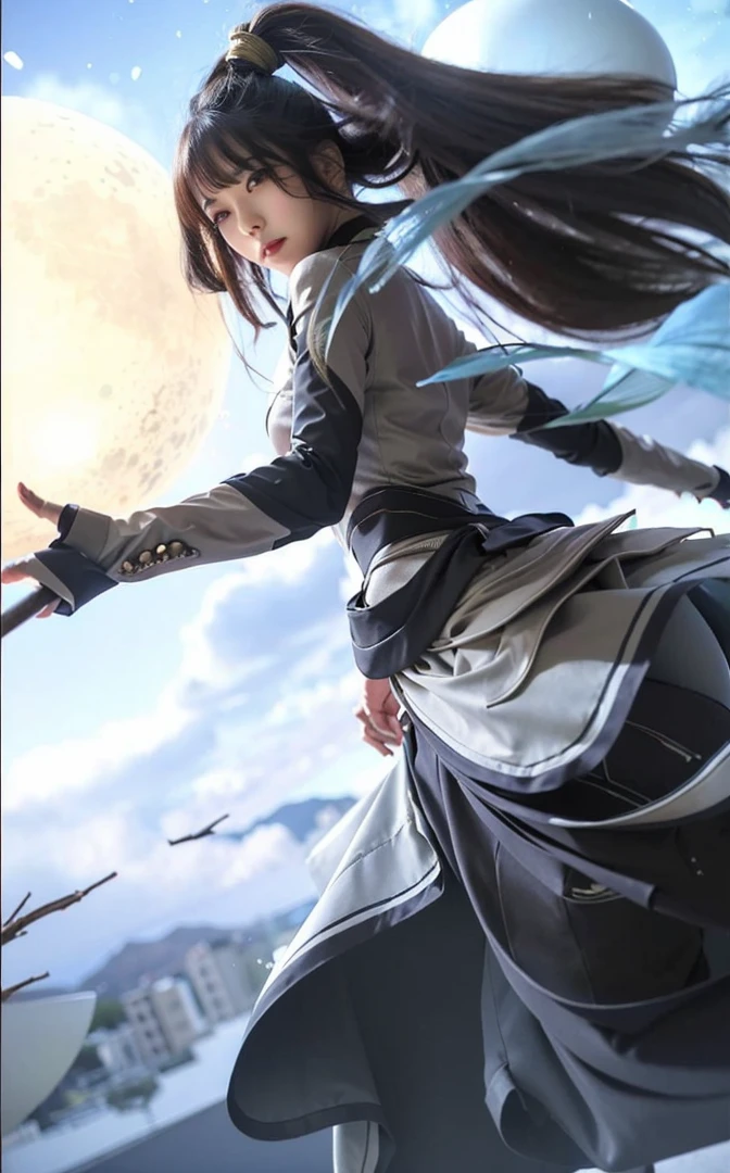 (Best quality, 8k, 32k, Masterpiece, UHD:1.2), 1girl, beautiy Japanese woman, narrow waist, grey suit, open jacket, office lady, suit, pants, from behind, office room, desk, (stick out one's buttocks:1.2), detailed face, short hair, from below, raise one leg