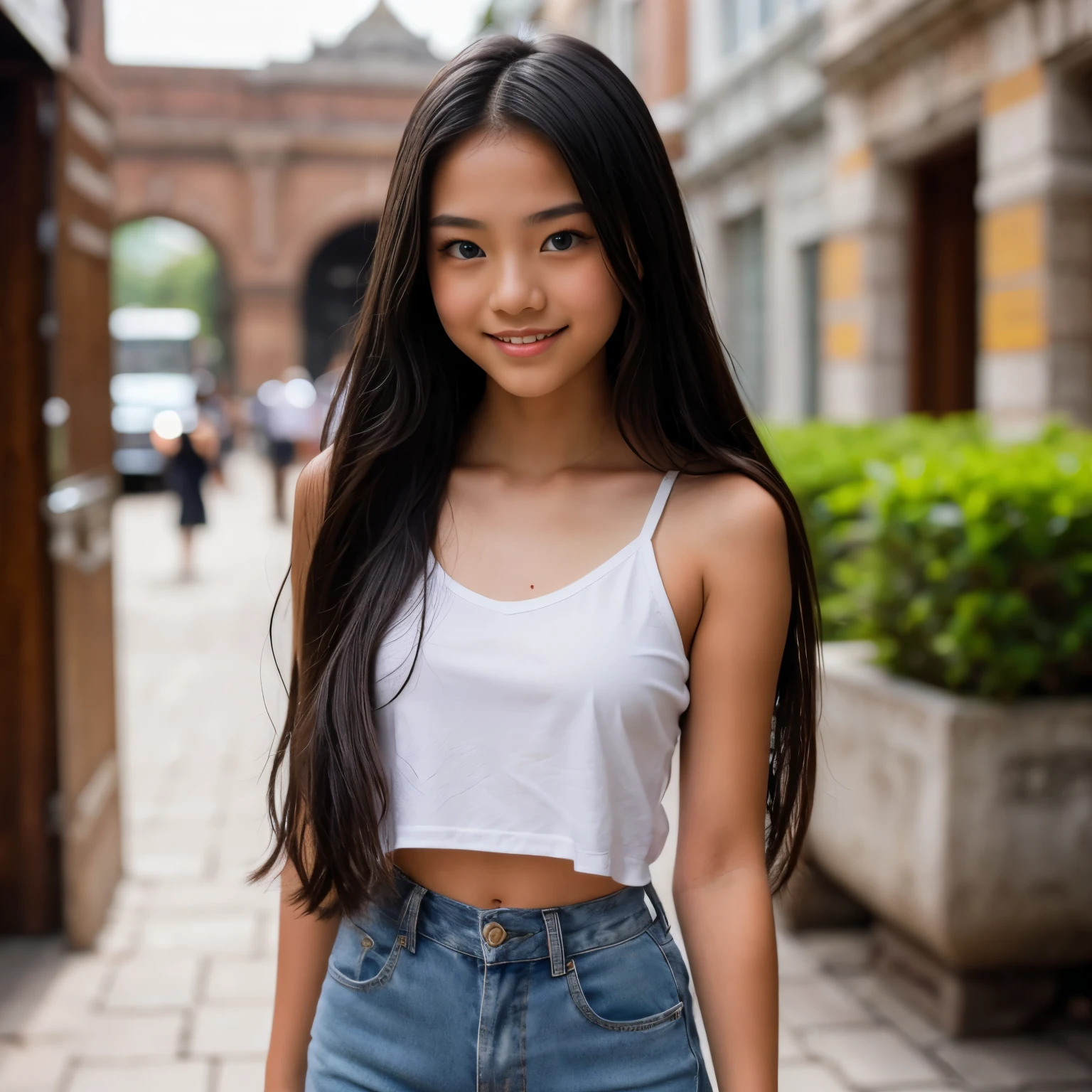 (Cute teen fashion model:1.5), thai girl, asian, close up, super tan skin, face focus, natural light, skinny, thin, slim, lean, slender, nubile, posing for picture, very long hair, waist length hair, black hair, raven hair, blueeyes, natural lighting,  perfect lips, fat lower lip, young, youthful, teen, teenager, smiling 