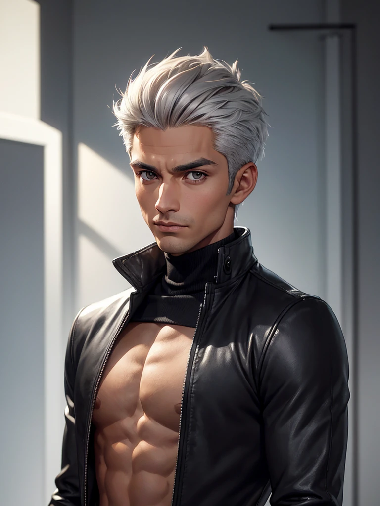 (best quality), 1boy, mature man, 34 years old, tanned skin, silver hair, short hair, hair loosely combed back, brown eyes, perfect eyes, muscular, handsome, small waist, strong jawline, cold expression, black turtleneck, coat jacket, fully clothed, clean face, masterpiece, anatomically correct, highres