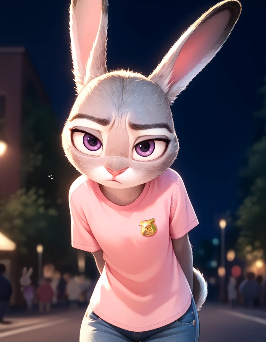 (uploaded on e621,8k, RAW photo,high resolution,high quality), ((masterpiece)), female, ((slim judy hopps)), (wear adorable shirt), crawling, bent over, pink collar, (tail) (cinematic lighting), backlighting, embarrassed, humiliated, (shaded), detailed background, by dagasi, (by personalami), beautiful purple eyes, thick leather mittens, leather cuffs,