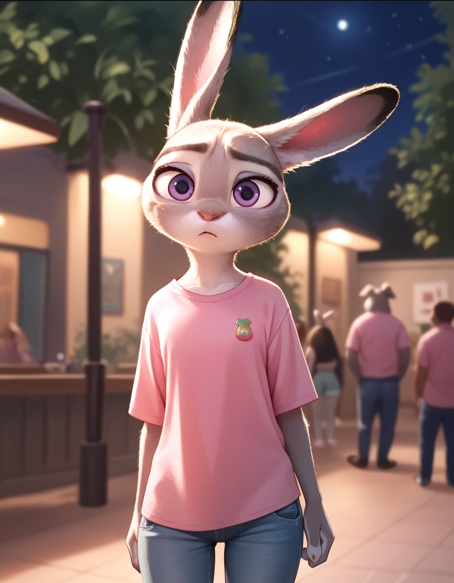 Fraction_9, Fraction_8_up, Fraction_7_Direction_6_up, src_hairy, judyhopps is confused, dark, night, Backlight, Solitary, Pink shirt, jeans, Keep your arms at your sides, Front view, portrait 