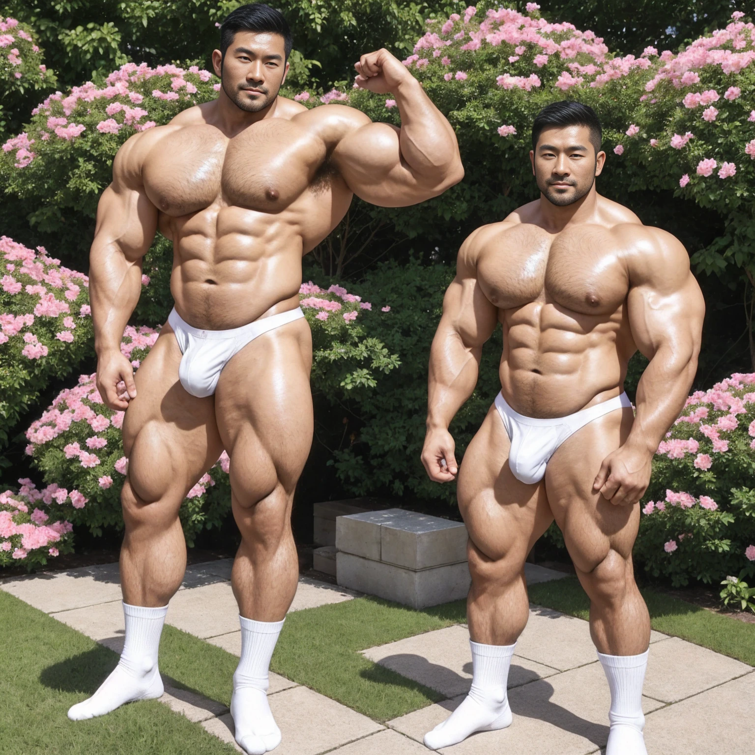 There is only one handsome Asian actor in the photo，35 years old，High target, Fitness，short hair, O-Shaped Beard，Perfect body, Dark skin color，Radiant Skin，Smooth skin，Shiny, shiny skin，Smooth pectoral muscles，No chest hair，No body hair，Muscle bulge, muscular, Very large pectoral muscles，Very sexy abdominal muscles，Very well-developed leg muscles，Huge concave and convex area，Brightens oily skin，Wearing a white leather shiny thong，Handsome face， Correct and accurate male body proportions, Wear white socks，Put your hands behind your back，Stand among the flowers，Flowers bloom all around。
