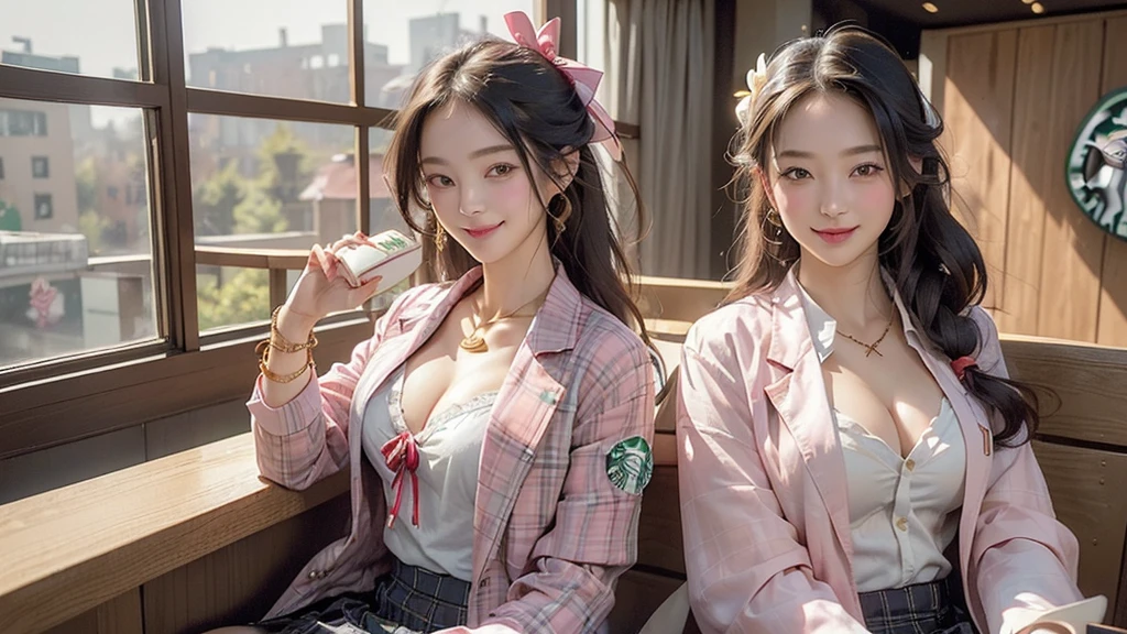 8K、RAW Photos、Highest quality、Super detailed、Super Resolution、Ultra HD、8K壁紙、Amazing details blazer uniform girl ((White blouse with formal collar, Pink Blazer,
Black plaid skirt, Red checkered ribbon on blouse)), Complete limbs, Full Finger,
(((((Inside the Starbucks store)))))、((16 year old female student))、(((((Eat cake、Drink coffee、smile)))))、(((Heart Necklace、Gold bracelet)))
(((Emphasize cleavage)))
((((Woman sitting at the window seat))))
(((Full body photo、The whole body is visible、Full body portrait)))
((((I can see the flower patterned bra))))
