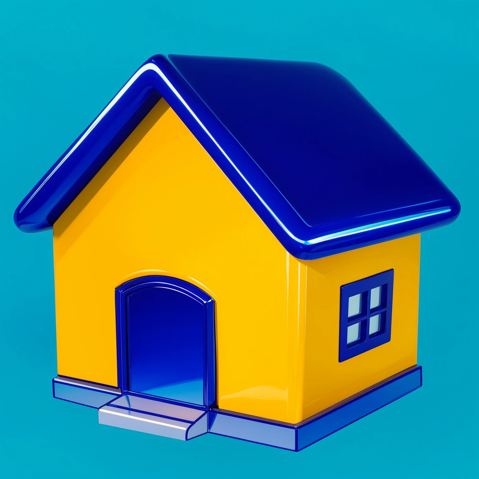 This image features a glossy yellow house with sharp, reflective surfaces that give it a polished and shiny appearance. The house has a modern design with simple, square shapes and distinct angles, adding to its sleek look. The vibrant blue roof contrasts beautifully with the yellow walls, creating an attractive and colorful combination. The windows and door are framed, enhancing the overall aesthetic of the house. The glossy surfaces reflect light, giving the house a dynamic and vibrant look. The house appears minimalist and toy-like, with its straightforward, square design and bright colors making it unique and appealing. мультяшный рендеринг ключевого кадра, милый 3D рендеринг,,Create ultra sharp цветной рендеринг zbrush. perfect cgi, cgi art created only with gradients, smooth silhouette, Create ultra sharp skin, high intensity refraction, (plastic material), most beautiful vfx, blue background, plastic refractions, glossy texture, smooth 3d model, multiple light sources, rim light, sharp post effects render, (glossy plastic texture with multiple big light probe refractions), perfect cgi, cgi art created only with gradients, smooth silhouette, high intensity refraction, (plastic material), most beautiful vfx, blue background