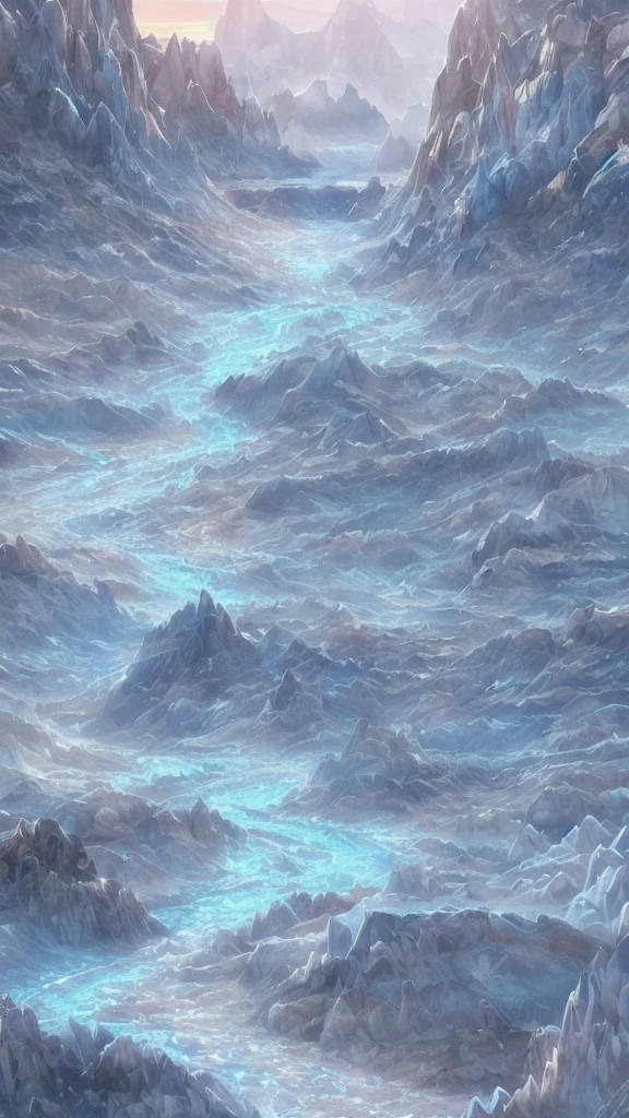 Planet of crystals and gems, (((crystals and gems)), fantasy art alien planet, valley of crystals and salt deposits, a mountain river with crystalline banks runs diagonally, Samdoesarts style. Stunning landscape, Huge scale, soft colors, Muted contrast, very detailed and confusing. mountain valley river. Valley of crystals on the planet, space fiction, many sharp protruding rock crystals, crystals sparkle and shimmer, light fog, sunrise. divine rays, sharp focus