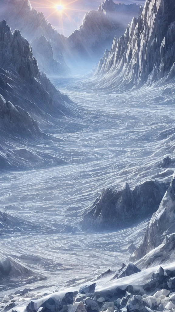 Planet of crystals and gems, (((crystals and gems)), fantasy art alien planet, valley of crystals and salt deposits, a mountain river with crystalline banks runs diagonally, Samdoesarts style. Stunning landscape, Huge scale, soft colors, Muted contrast, very detailed and confusing. mountain valley river. Valley of crystals on the planet, space fiction, many sharp protruding rock crystals, crystals sparkle and shimmer, light fog, sunrise. divine rays, sharp focus