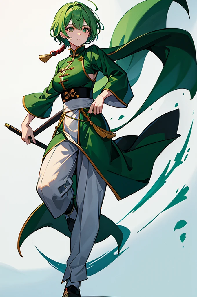 Green Hair、Her hair is short、Small breasts、standing、full body、Fighter、male、Uniform、Chinese Knight、Chinese style、White background、No exposure、China dress、pants、band、front、White is the main color of the outfit、Kung Fu、Not big breasts