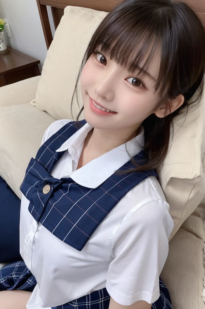 1 Girl, alone, Japanese girl, ,Bed at home、(Highest quality, Realistic, High resolution, 8K, Very detailed, Detailed face, Shiny skin), Japanese , Collared shirt, White shirt, Red ribbon, Black Hair, ragged bangs, ponytail,Gazing into the distance,Young face、Are thin、Slim figure、slender、Short、 System、((Lots of sweat))、Navy blue checked skirt、Are sleeping、Lying on your back、Shot from above、Nice thighs、The best smile、Showing teeth、