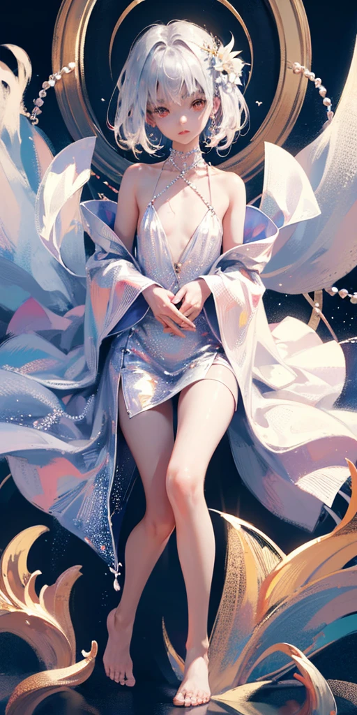A girl、symmetry,Daughter,whole body female love,Put your hands together and bloom,(Very detailed:1.1),((small :1.2))、The eyes are well drawn、Charming eyes、Double tail、Wear jewelry and pearls around your neck,Transparent openwork、Deep V、Crystal Pearls、在Wear jewelry and pearls around your neck,white hair, show your thighs, Bare shoulders, Show clavicle, Yao Liu, barefoot,((whole body))、painful posture