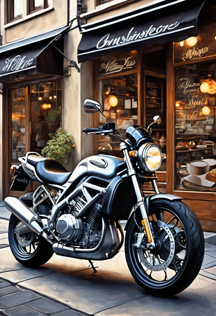 ( perfect anatomy )masterpiece, Beautiful detailed fresh and elegant aesthetic style airbrush digital oil painting beautiful artwork to create a fresh morning coffee shop scene photo,an electric motorcycle(Novel style,Unique)Closeup motorcycle( perfect anatomy ) Parked elegantly on the street next to the coffee shop.coffee shop scene masterpiece, Highly detailed, photo-realistic original photos, The best film quality, extremely delicate texture, high-quality works of art masters